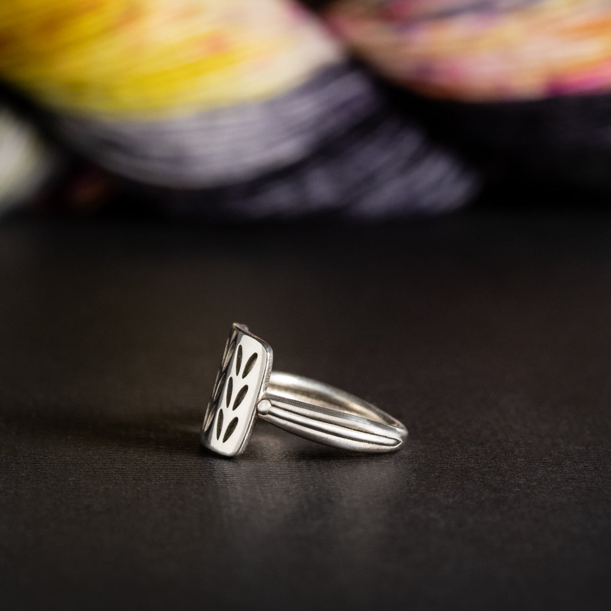 Sterling Silver Stockinette Stitch Baby Blanket Ring with Knitting Needle Motif