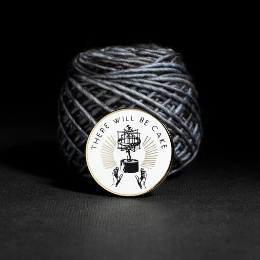 Gifts for yarn dyer "There Will Be Cake" Enamel Pin with Yarn Swift