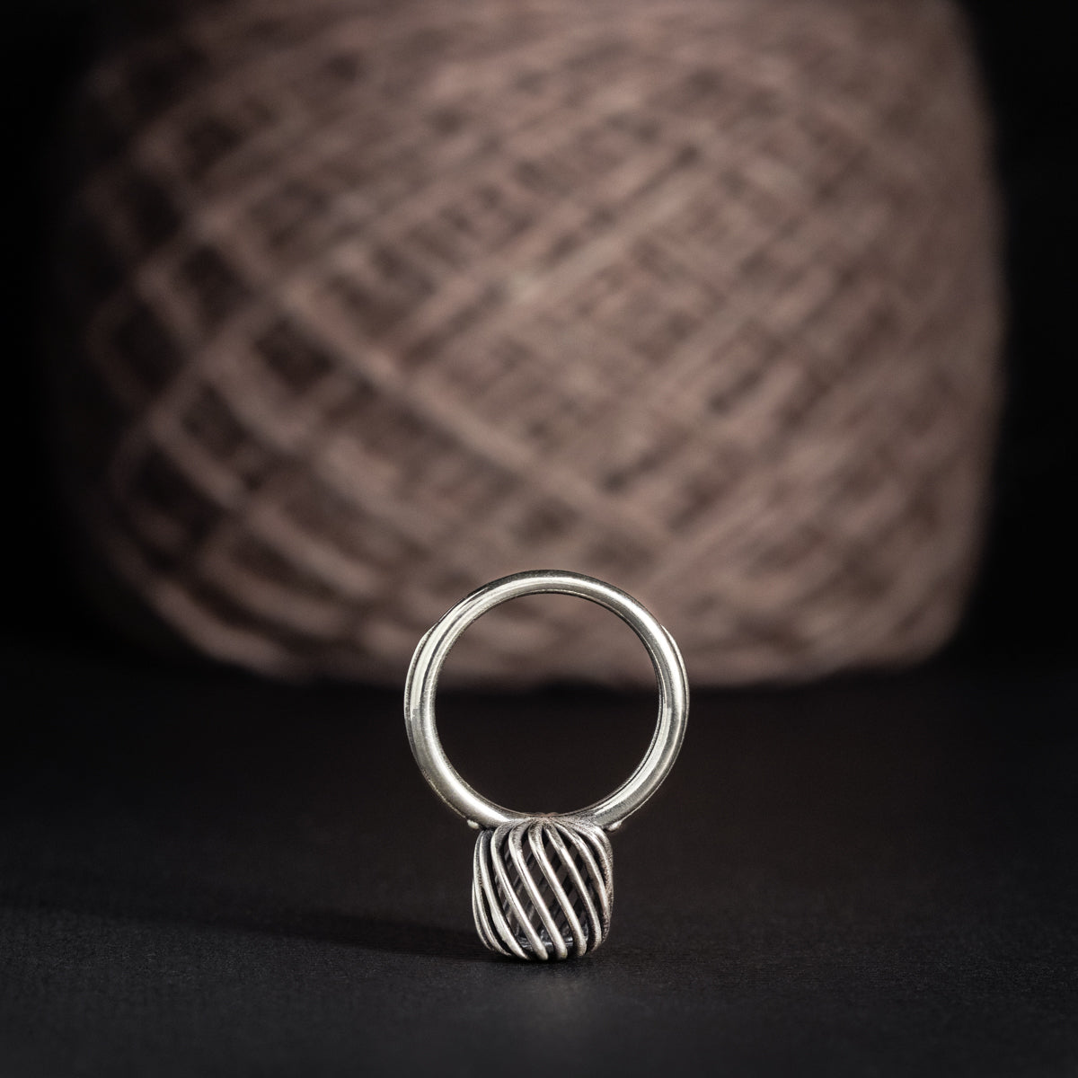 Sterling Silver Yarn Cake Ring With Knitting Needle Motif