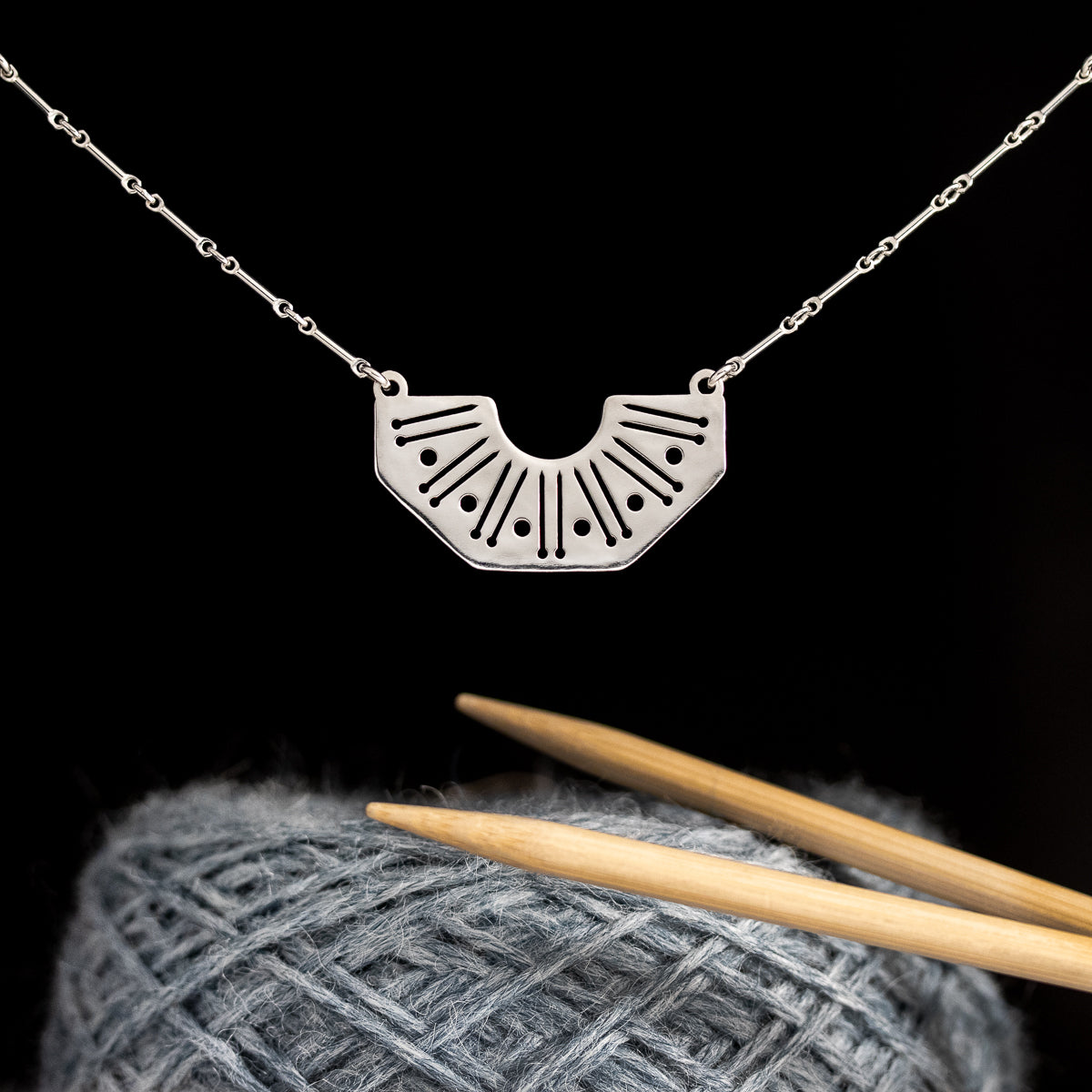 Silver Knitting Needles and Yarn Motif Necklace