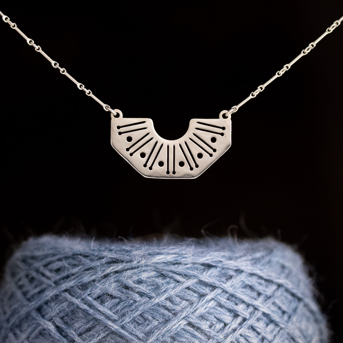 Silver Knitting Needles and Yarn Motif Necklace