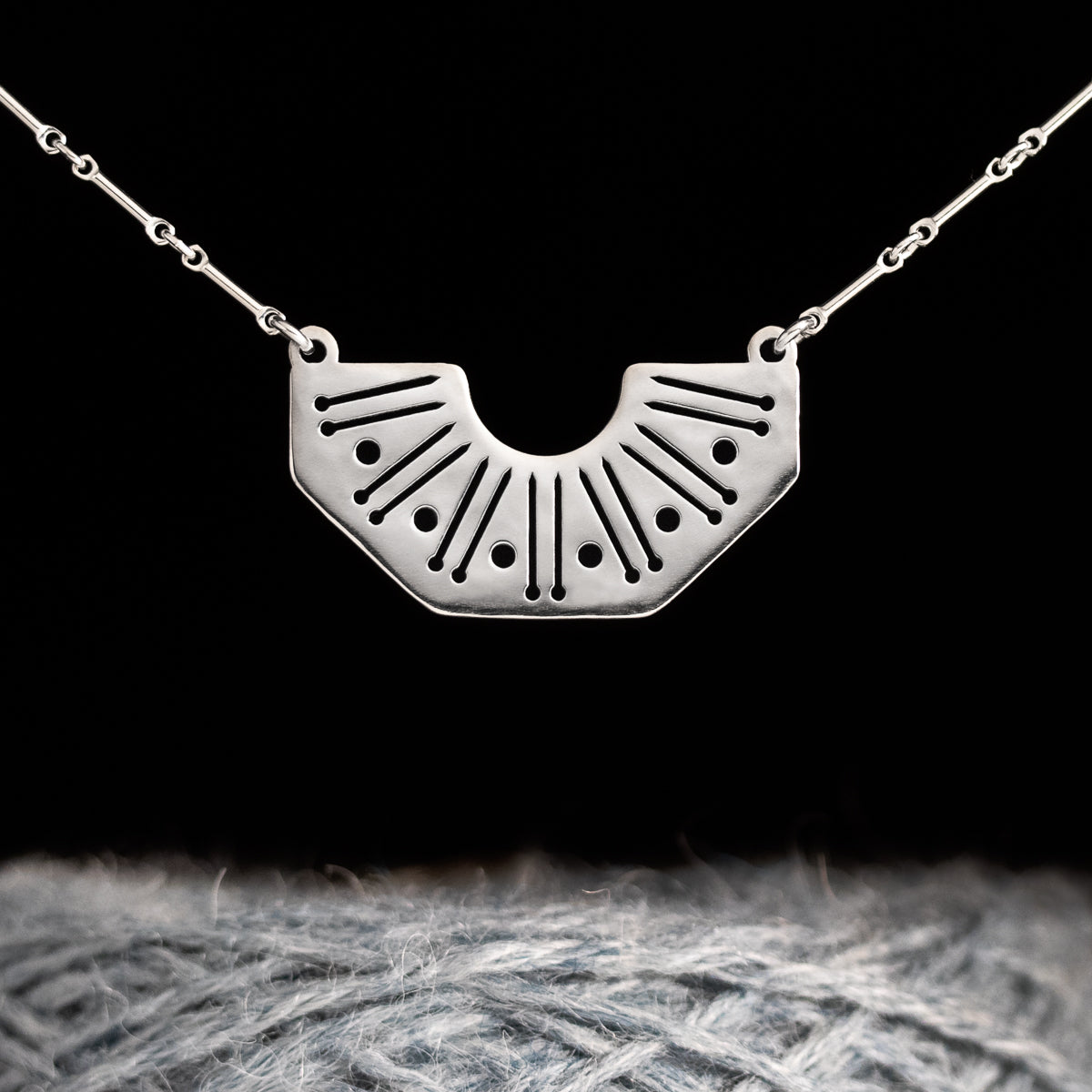 Silver Knitting Needles and Yarn Motif Necklace