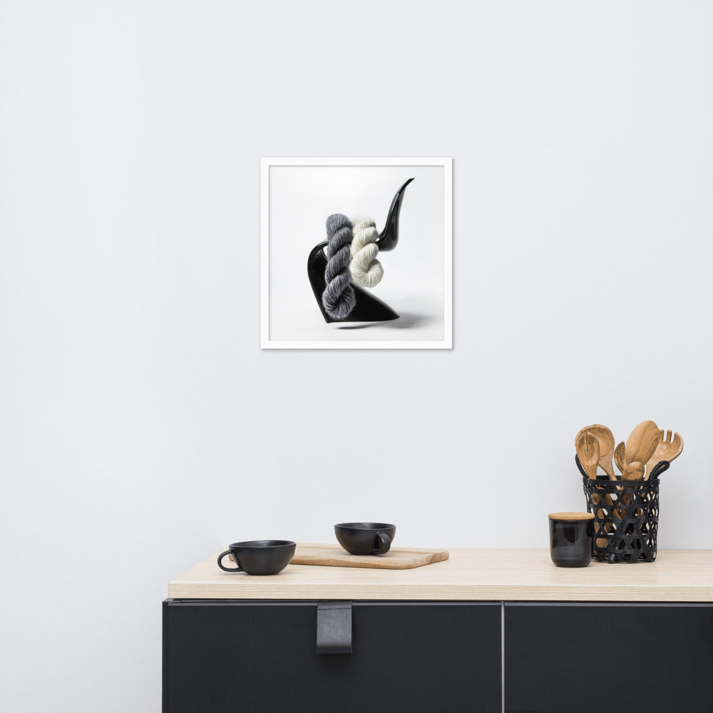 Porterness Studio Framed Photographic Print - White and Gray Yarn on A Black Mid-Century S Chairmed poster