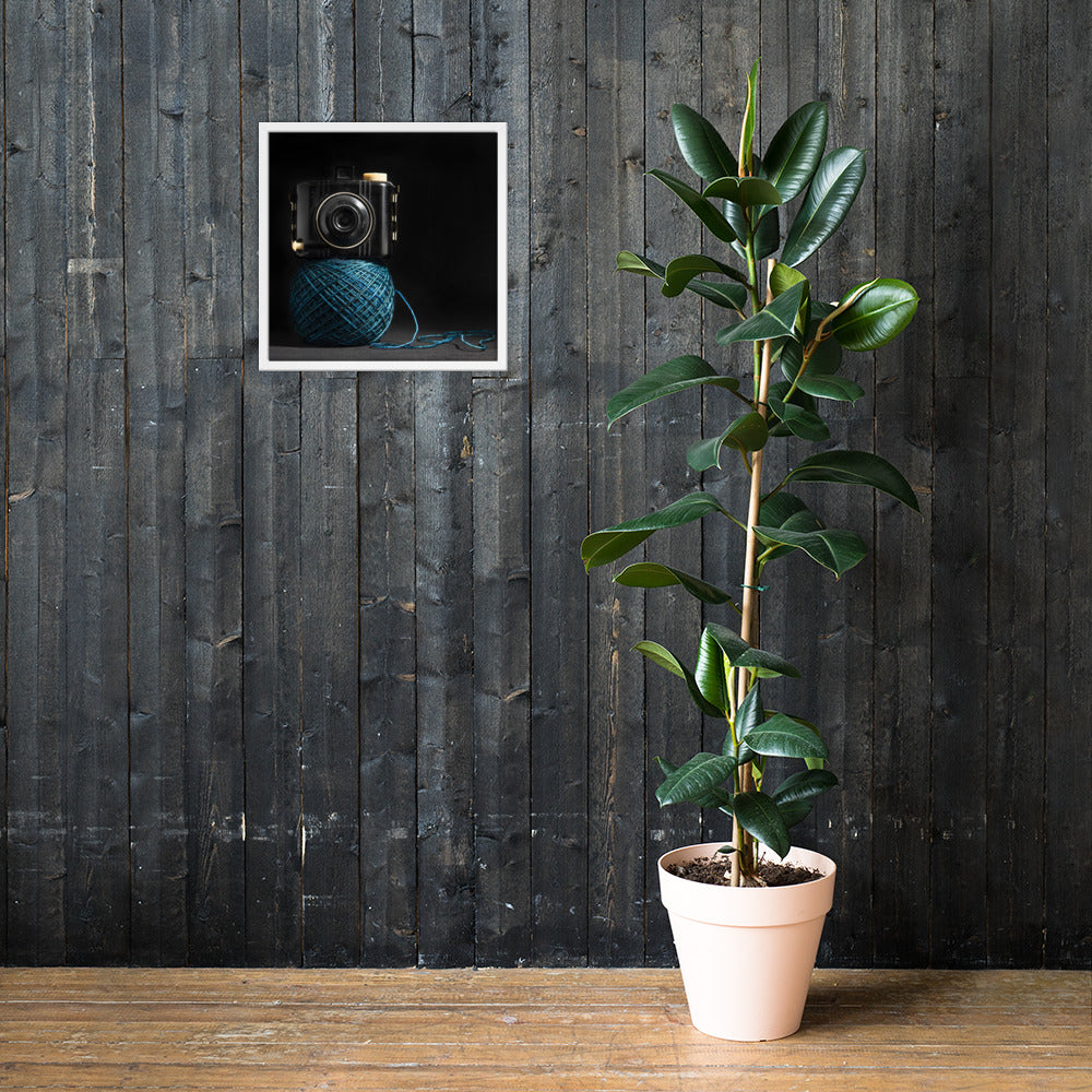 Porterness Studio Framed Photographic Print - Blue Yarn Cake with Vintage Camera