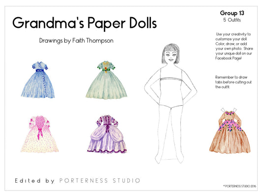 Grandma's Paper Doll - 1 Doll with 5 Outfits Group 13- PDF Download