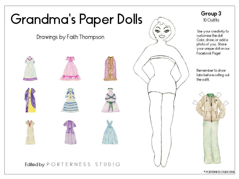 Grandma's Paper Doll - 1 Doll with 10 Outfits Group 3- PDF Download