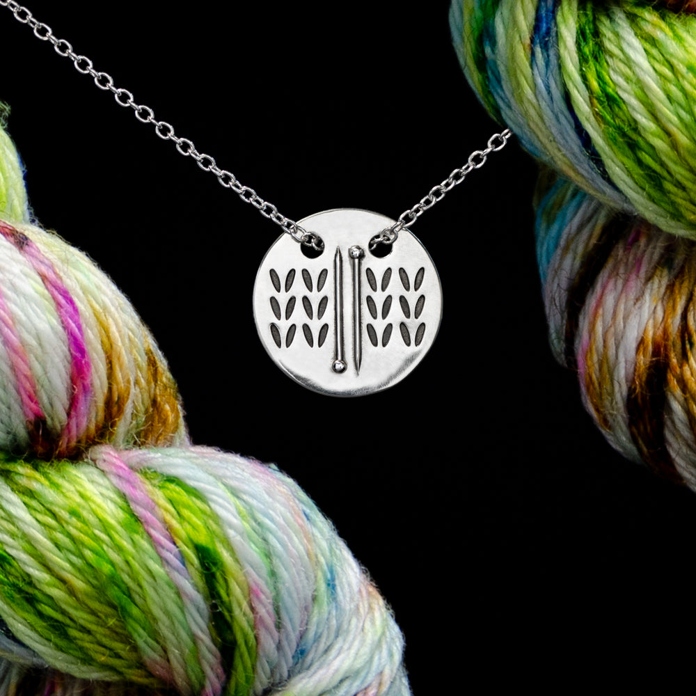 Sterling Silver Double Sided Knitting Needles Stockinette Stitch & Demi-Sec Necklace - Chain Through Style