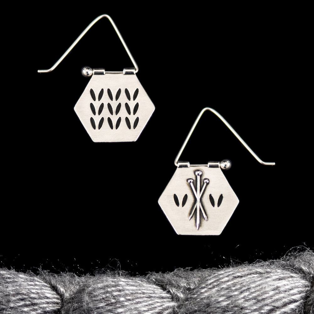 Silver Double Sided Knitting Earrings- Stockinette Stitch & Needle Motif
