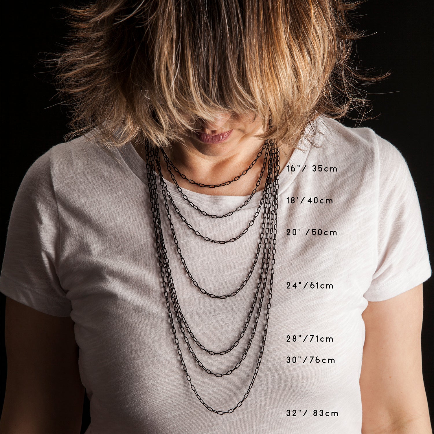 Porterness Studio Necklace Length Chart on a white shirt