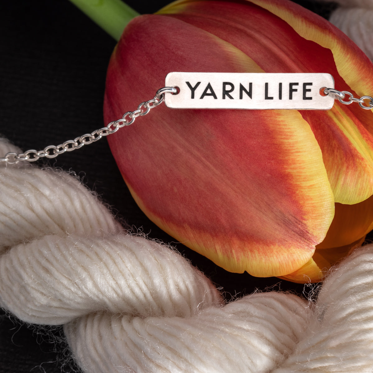 Yarn Jewelry by Porterness Studio Sterling Silver Double Sided "Yarn Life" Mini & Stockinette Stitch Motif Necklace