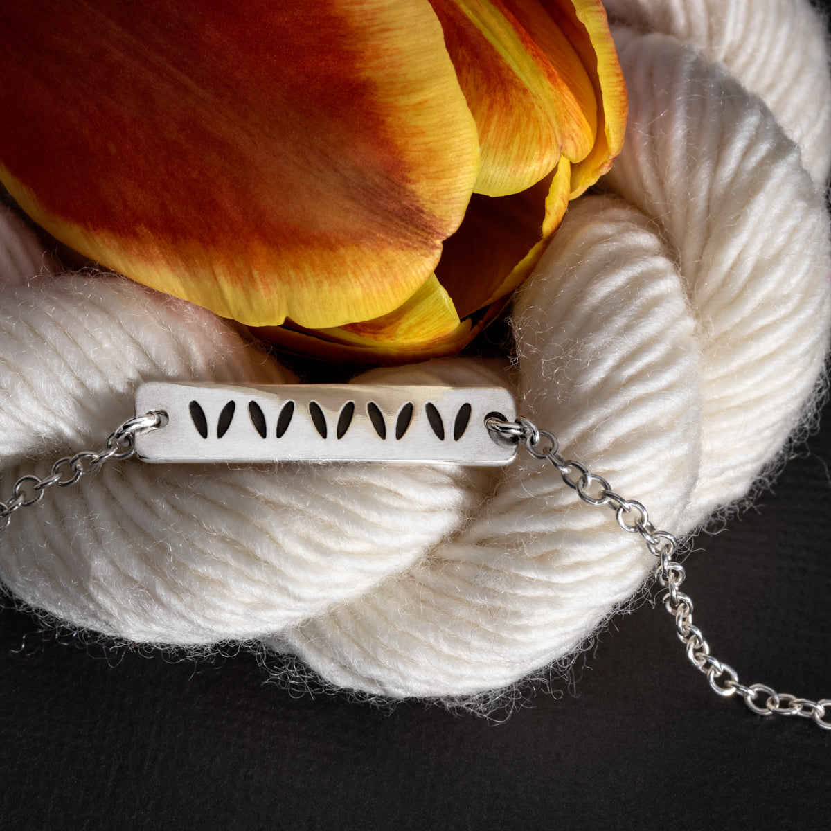 Yarn Jewelry by  Porterness Studio Sterling Silver Double Sided "Yarn Life" Mini & Stockinette Stitch Motif Necklace