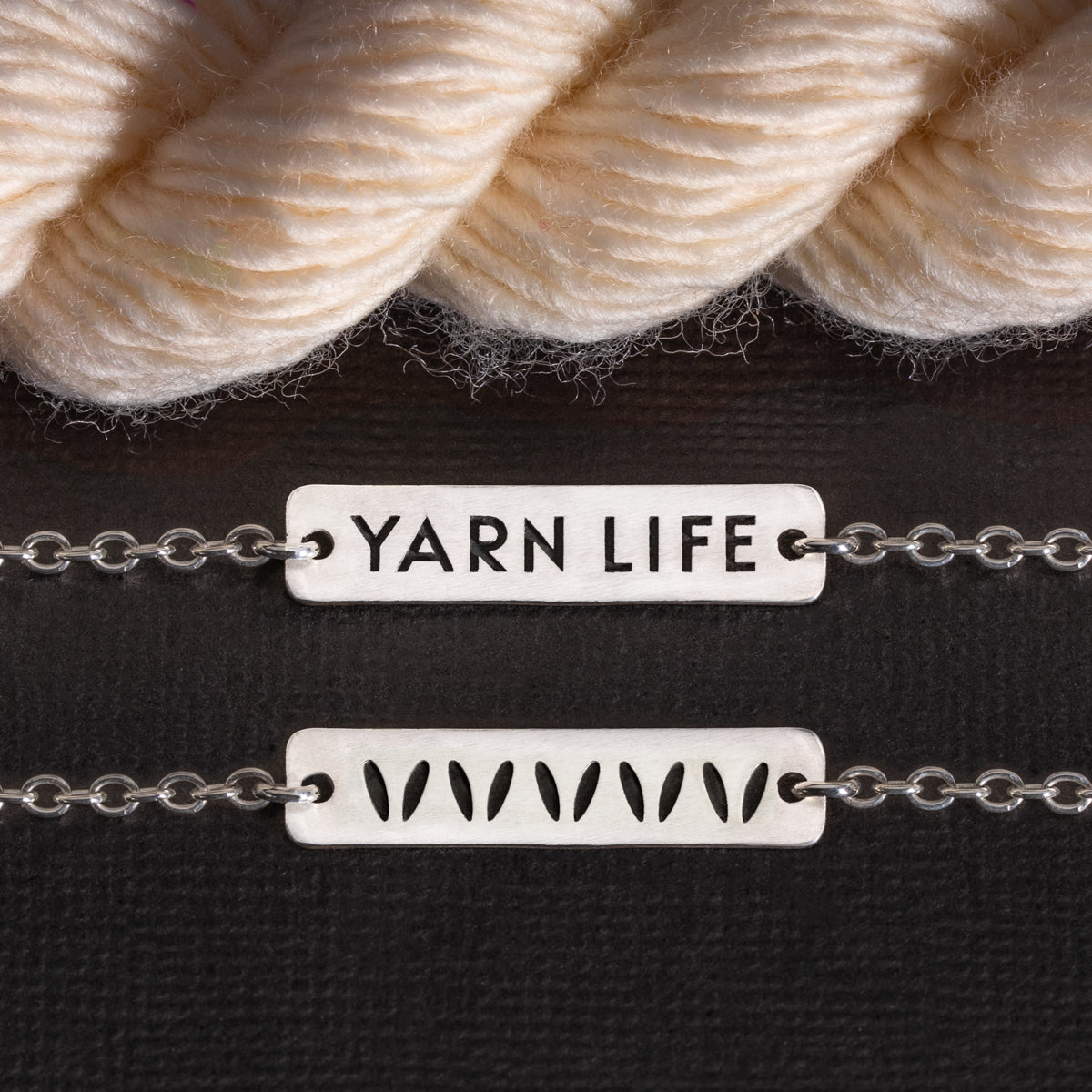 Yarn Jewelry by Porterness Studio Sterling Silver Double Sided "Yarn Life" Mini & Stockinette Stitch Motif Necklace