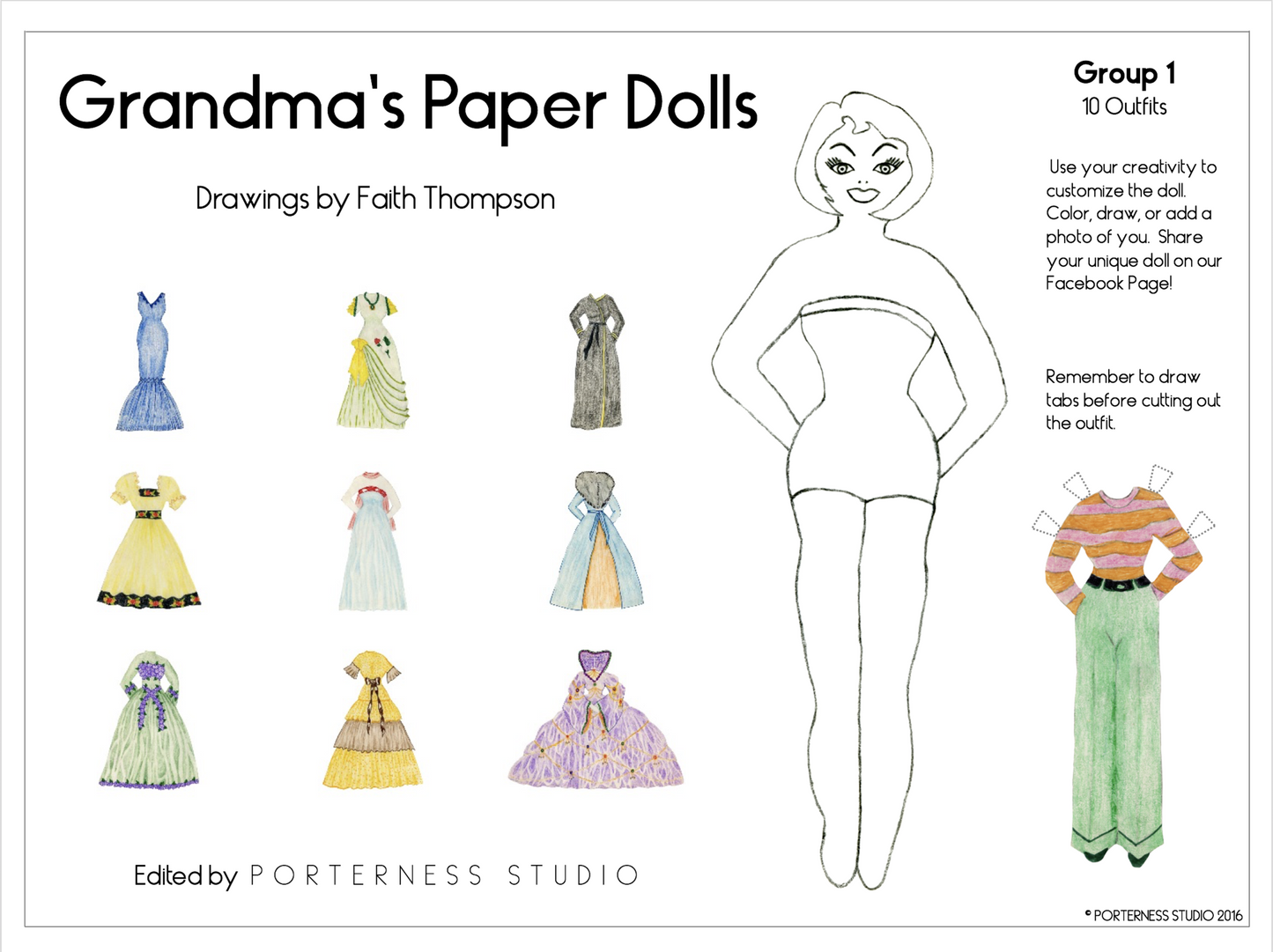Grandma's Paper Doll - 1 Doll & 10 Outfits - Group 1 - Free PDF Download