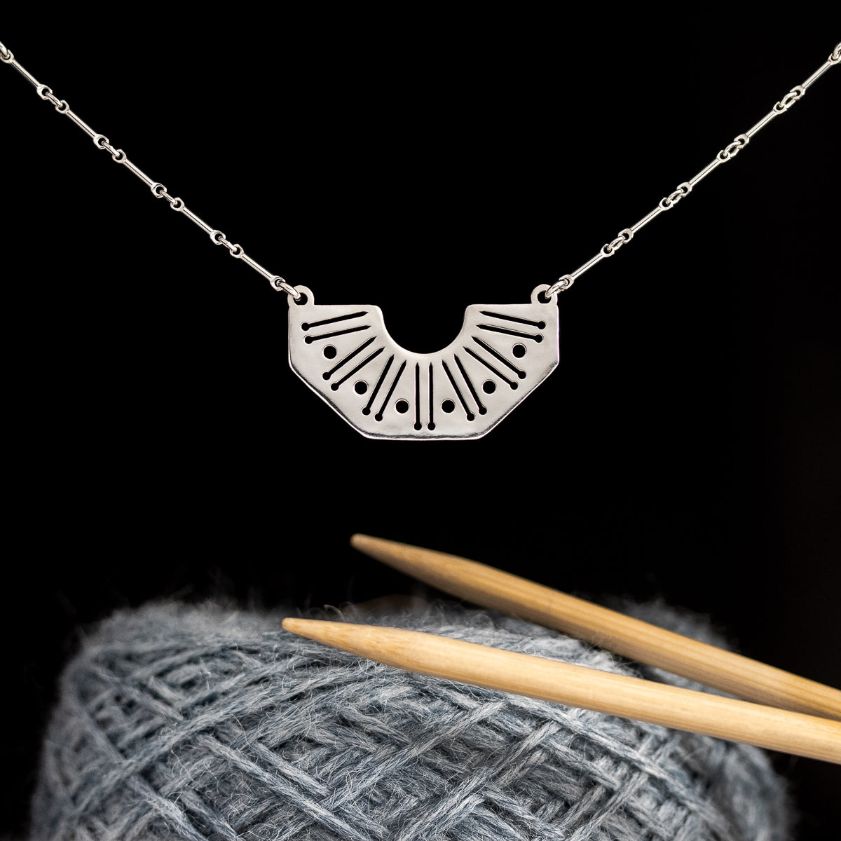  Silver Knitting Needles and Yarn Motif Necklace